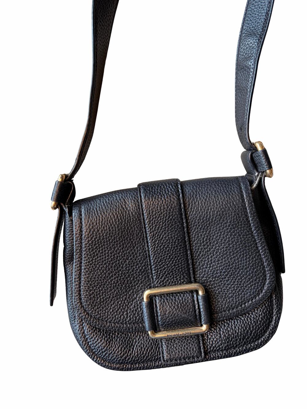 Michael Kors Pebbled Leather Shoulder Bag Black Flap Saddle Bag with Buckle Deta